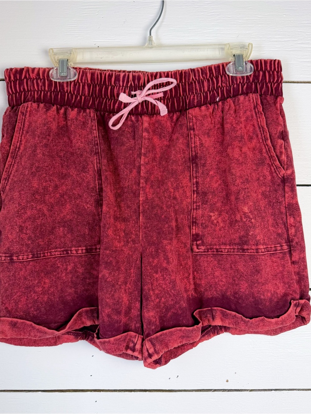 Women's Red Mineral-Wash Drawstring Shorts size medium